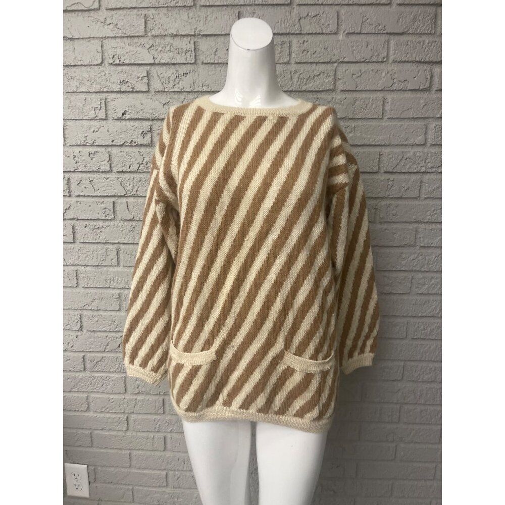 VTG Geoffrey Beene Women Tan / Cream Striped Alpaca Long Sleeve Sweater Size S